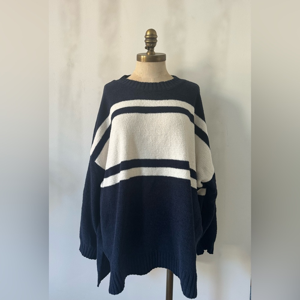 American Eagle Outfitters Navy and White Crew Neck Sweater